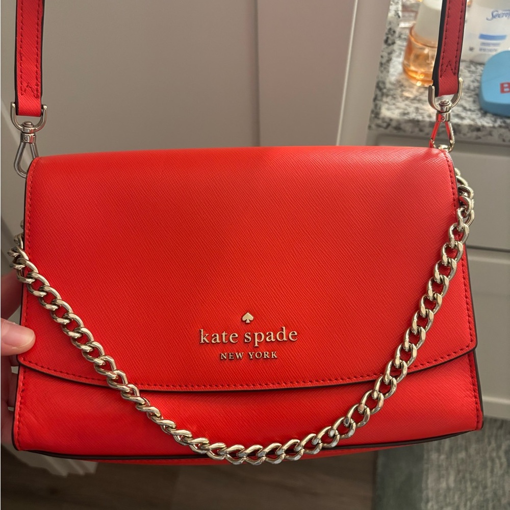 kate spade red saffiano leather crossbody with gold chain